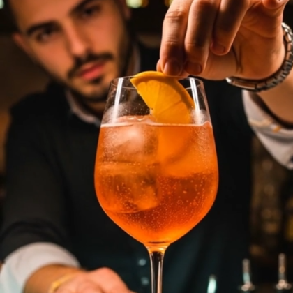 Traditional Venetian Spritz cocktail being prepared during a Venice food and wine tour.
